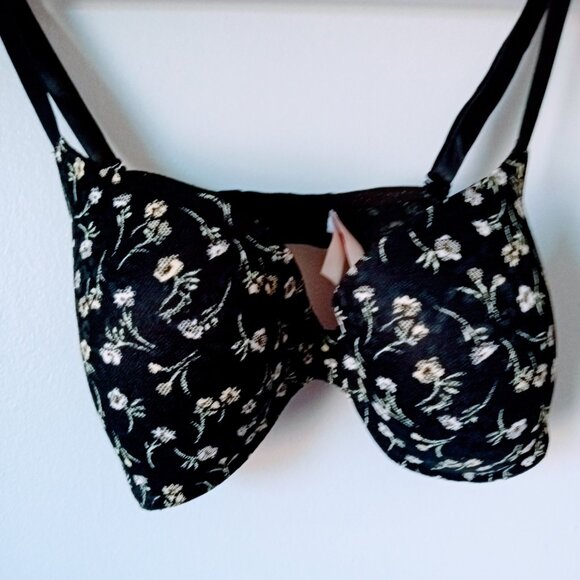 PINK Black Bra with Floral Design with Hot Pink Under Padding - Picture 2 of 4